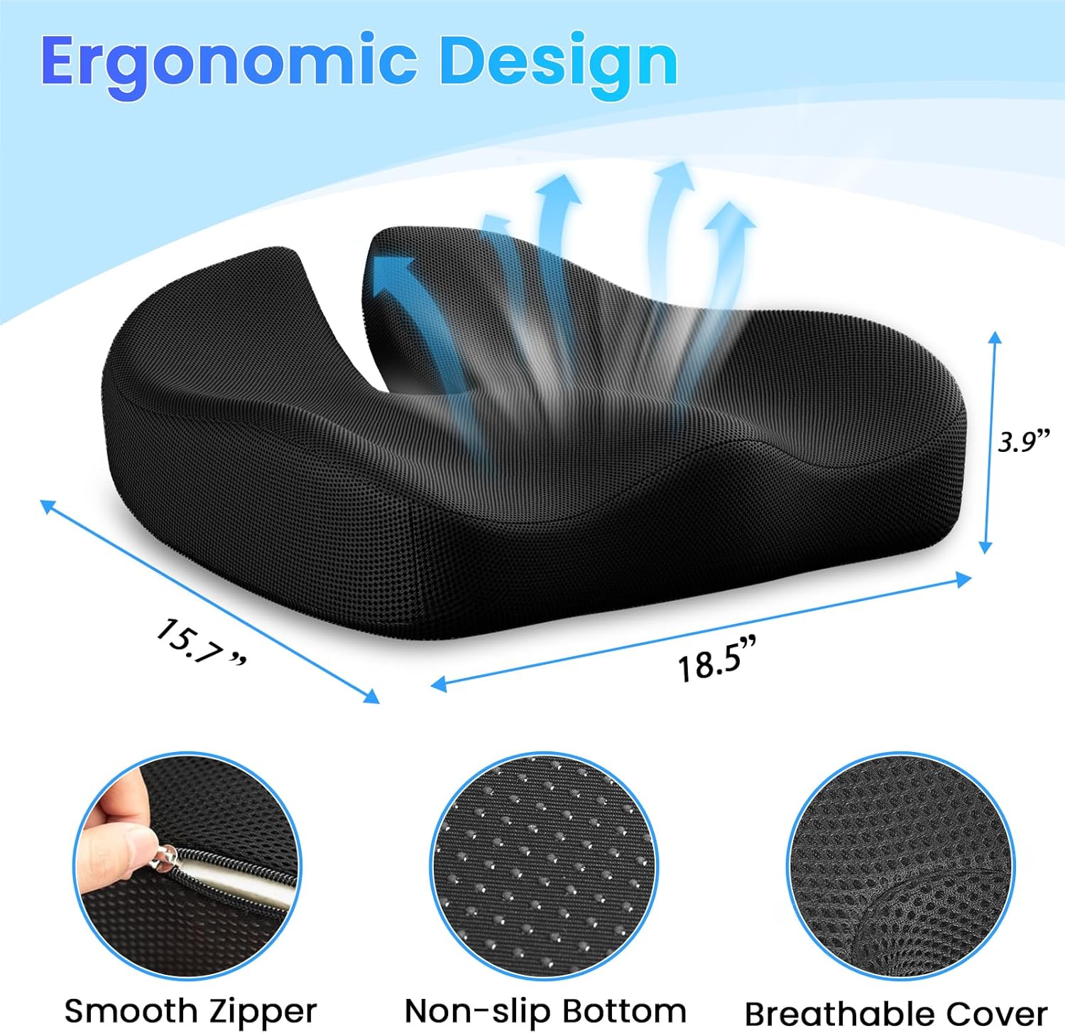 cjacsoc Extra Large Memory Foam Cushion featuring an ergonomic design with dimensions of 15.7 inches wide, 18.5 inches long, and 3.9 inches high. The cushion has a contoured shape for enhanced comfort, illustrated with airflow arrows to highlight its breathable mesh cover. Key features include a smooth zipper, a non-slip dotted bottom, and a breathable cover, shown in detailed close-up insets.