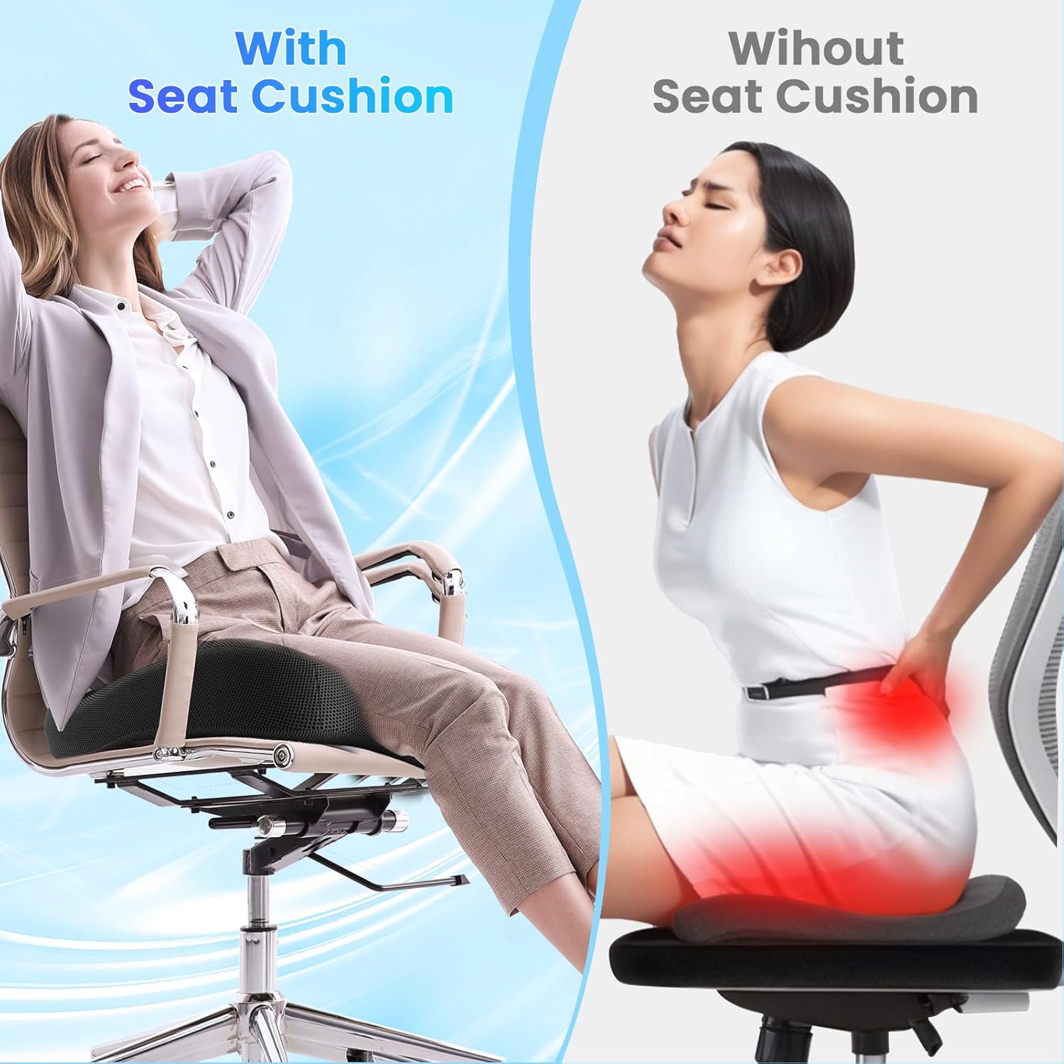 Split-screen image demonstrating the benefits of the cjacsoc Extra Large Memory Foam Cushion. On the left, a woman sits comfortably on an office chair using the cushion, labeled 'With Seat Cushion,' appearing relaxed and smiling. On the right, labeled 'Without Seat Cushion,' a woman without the cushion sits on a chair while holding her lower back in pain, with a red glow highlighting discomfort. The visual emphasizes the cushion's ergonomic support and its ability to alleviate back pain.