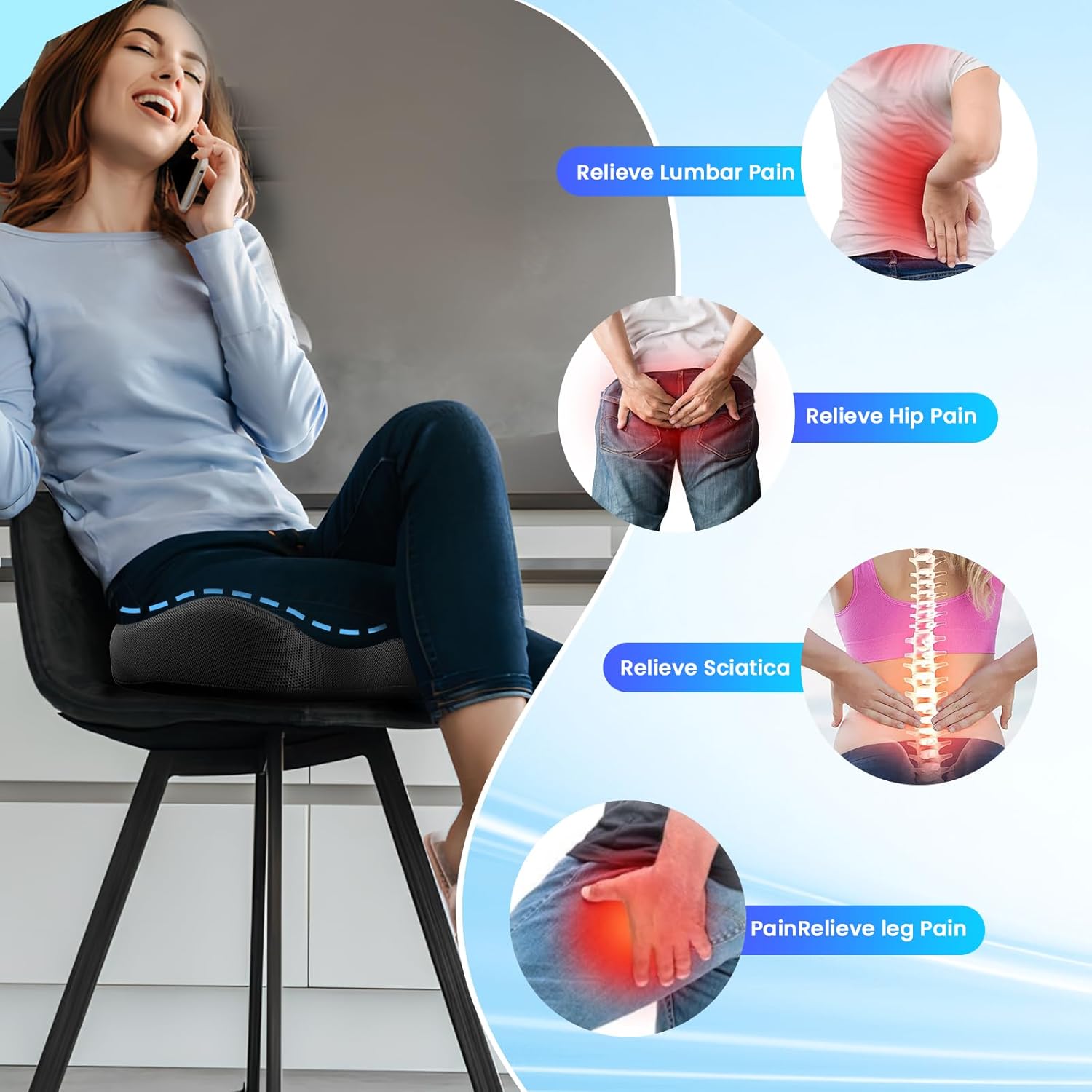 Image of a person sitting comfortably on a contoured CJACSOC cushion designed for pain relief, featuring graphics highlighting its benefits. The text points to areas of the body, emphasizing relief from lumbar pain, hip pain, sciatica, and leg pain, with vibrant illustrations and glowing red areas to indicate discomfort.