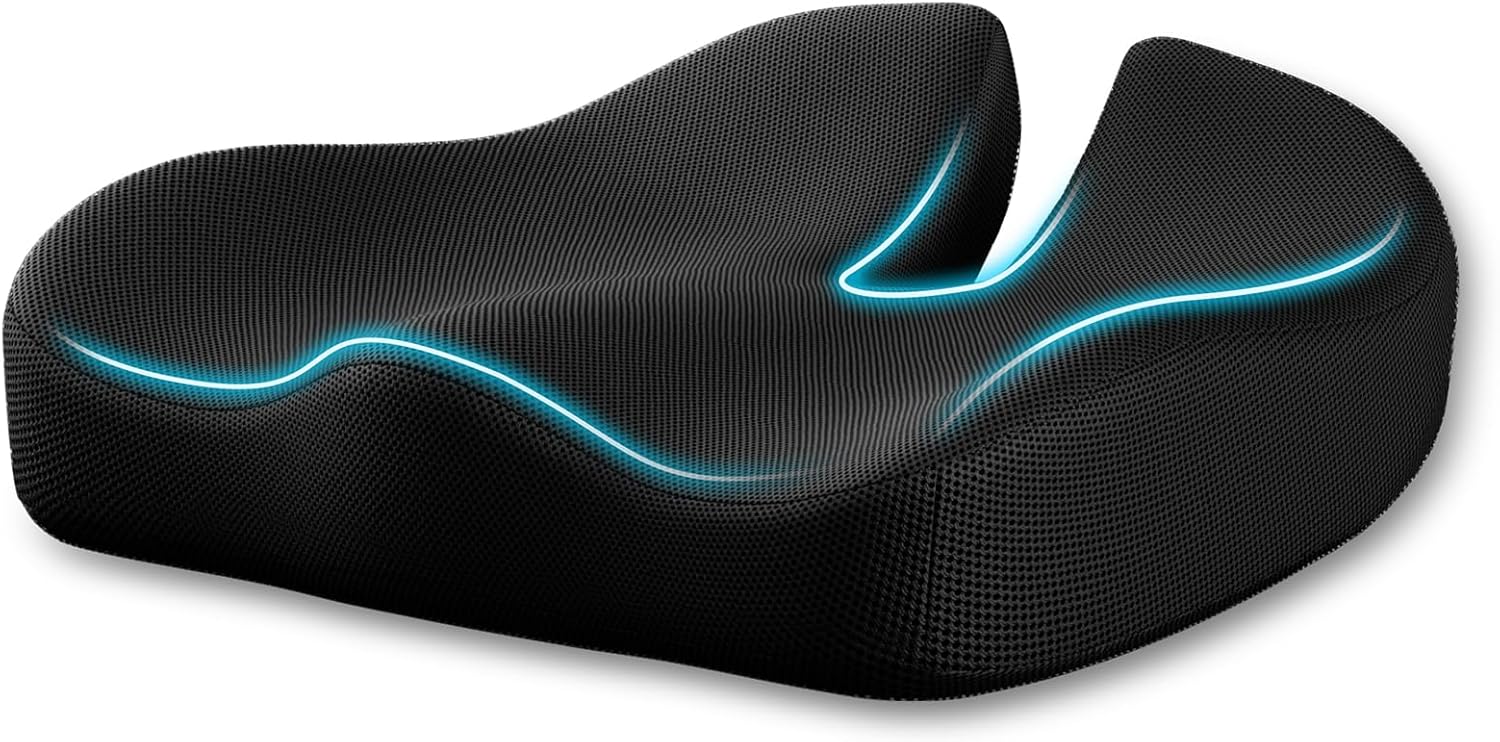 xtra-large CJACSOC memory foam cushion with an ergonomic U-shaped cutout, breathable black textured surface, and glowing blue contour accents designed for enhanced support and pressure relief.